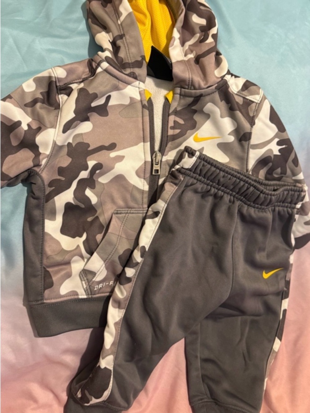 Nike Kids Gray Camouflage Hoodie & Joggers Set with Yellow Swoosh